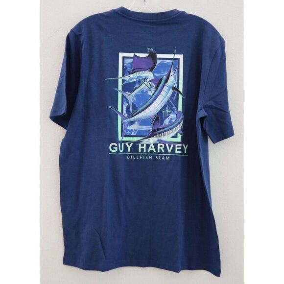 Guy Harvey Men's Sz M Dark Blue Crew Neck S/S Classic Fit Pocket Graphic T-Shirt - Picture 2 of 9